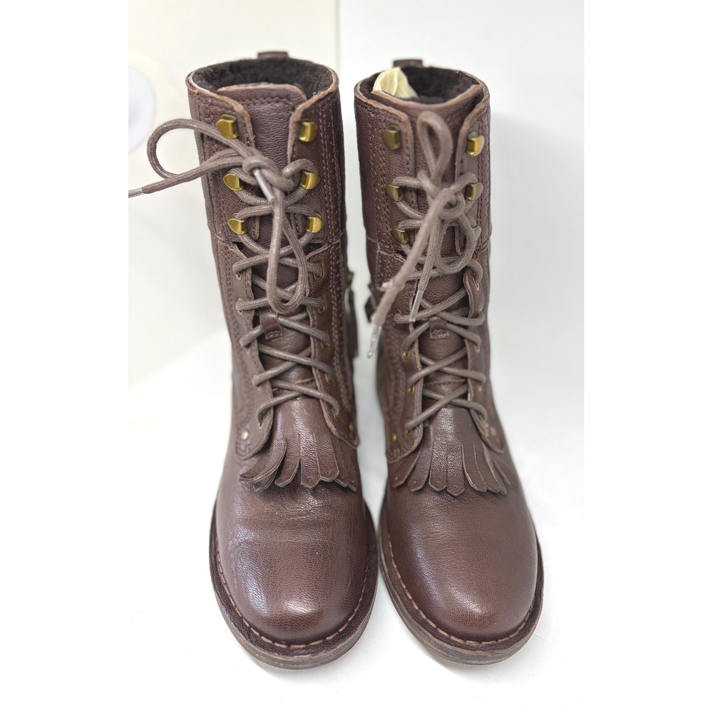 UGG Simmens Boots Women 7 Brown EUC Leather Lace Up Kiltie Fringe Water Res